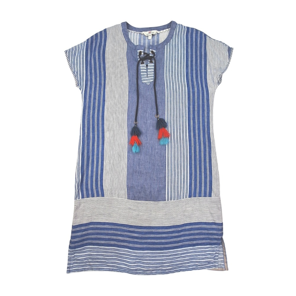 Vineyard Vines Dress Womens 0 Blue Striped Linen Tassel Tie Shift Coastal Boho